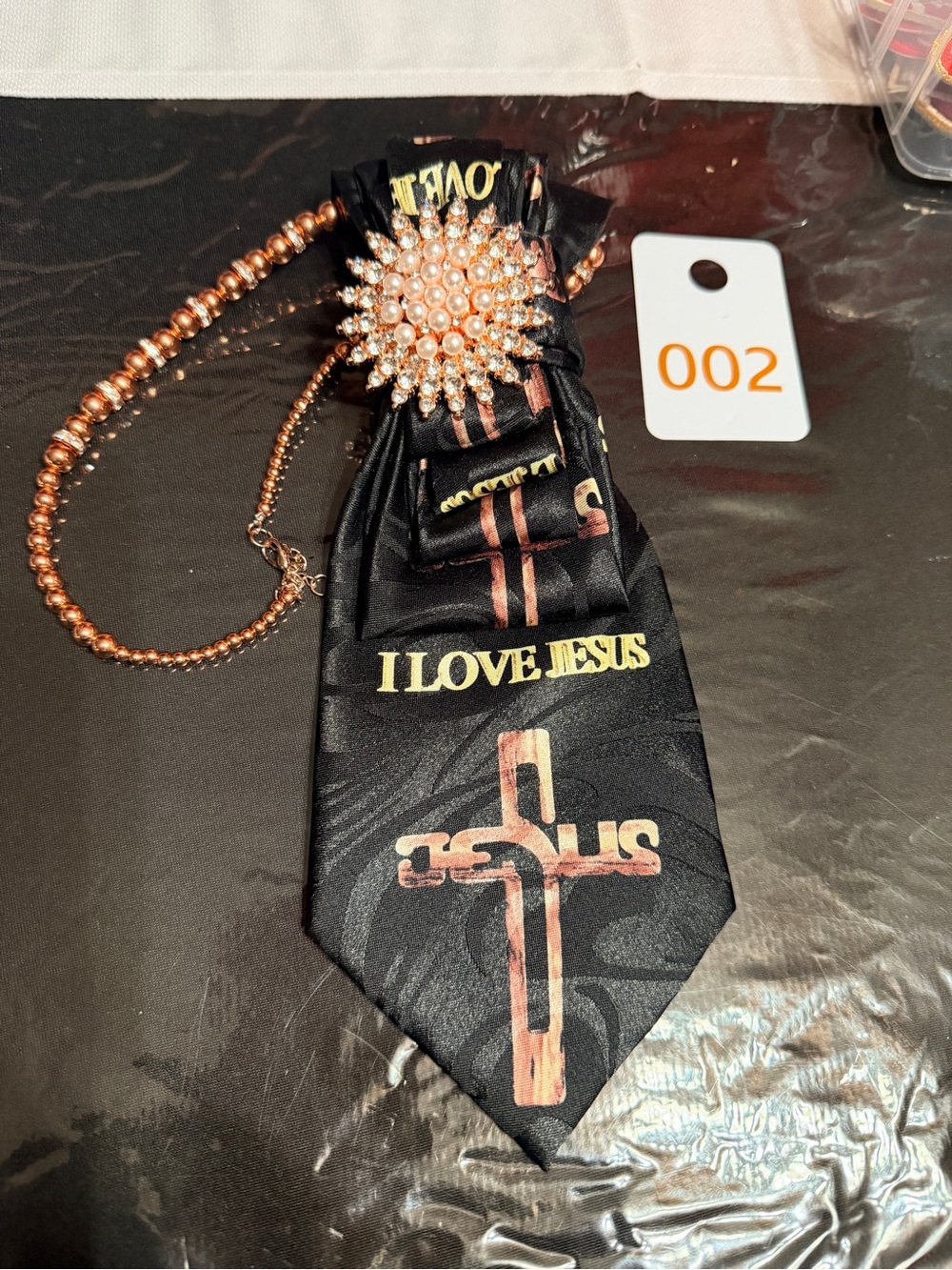 I LOVE JESUS Black Satin Tie with Rose Gold Cross and Brooch
